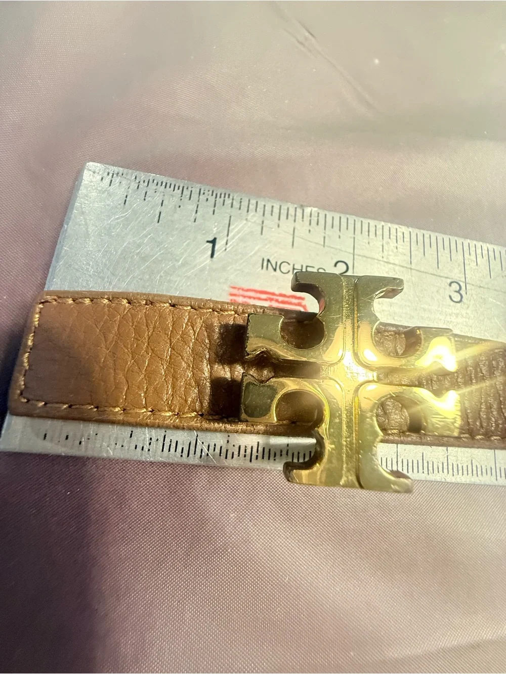 Tory Burch Tan Leather Skinny .5” Logo Belt with Gold Hardware Size Medium